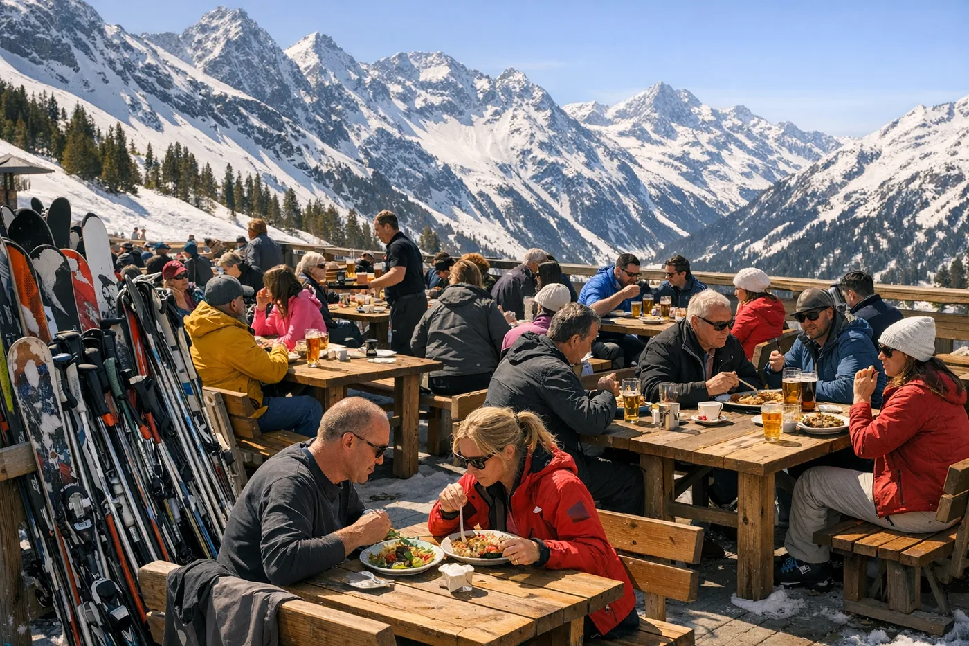 Zonnig terras bij een bergrestaurant in de Alpen