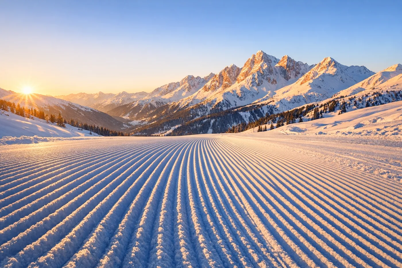Vers geprepareerde piste in het ochtendlicht