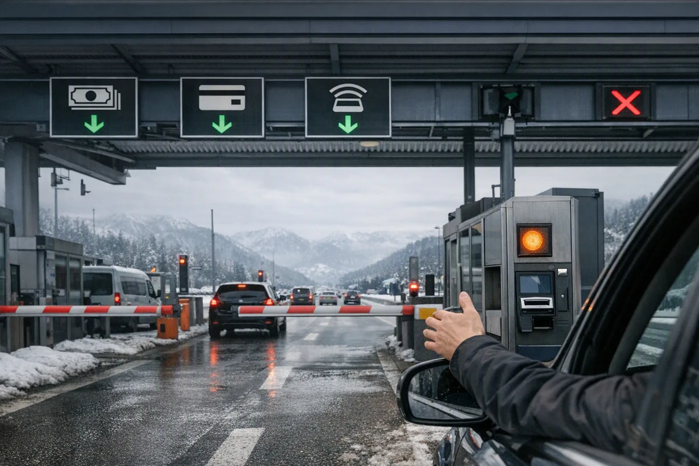 Betaalstation op een snelweg in de Alpen met symbolen voor contant, pinpas en transponder