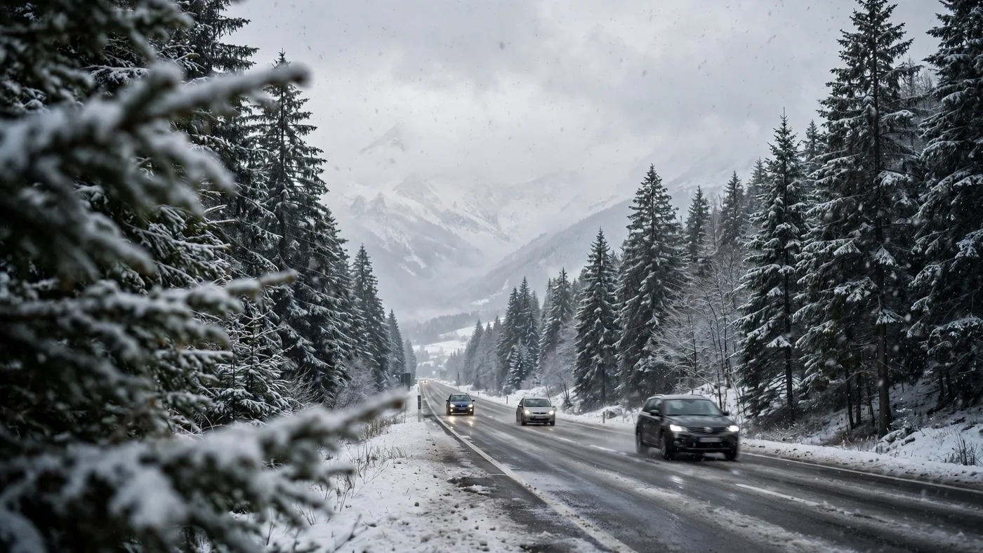Auto's met lichten aan in de sneeuw onderweg naar de Alpen