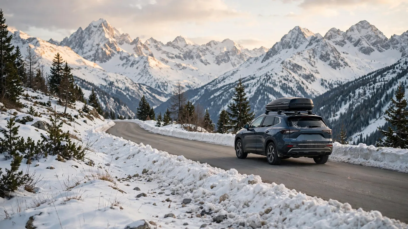 Auto met dakkoffer op een bergweg met besneeuwde Alpentoppen op de achtergrond