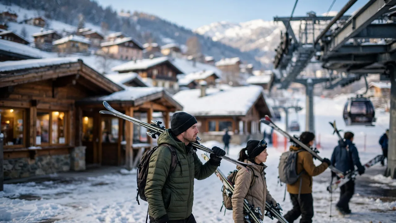 Skiërs op weg naar de gondel bij het dalstation