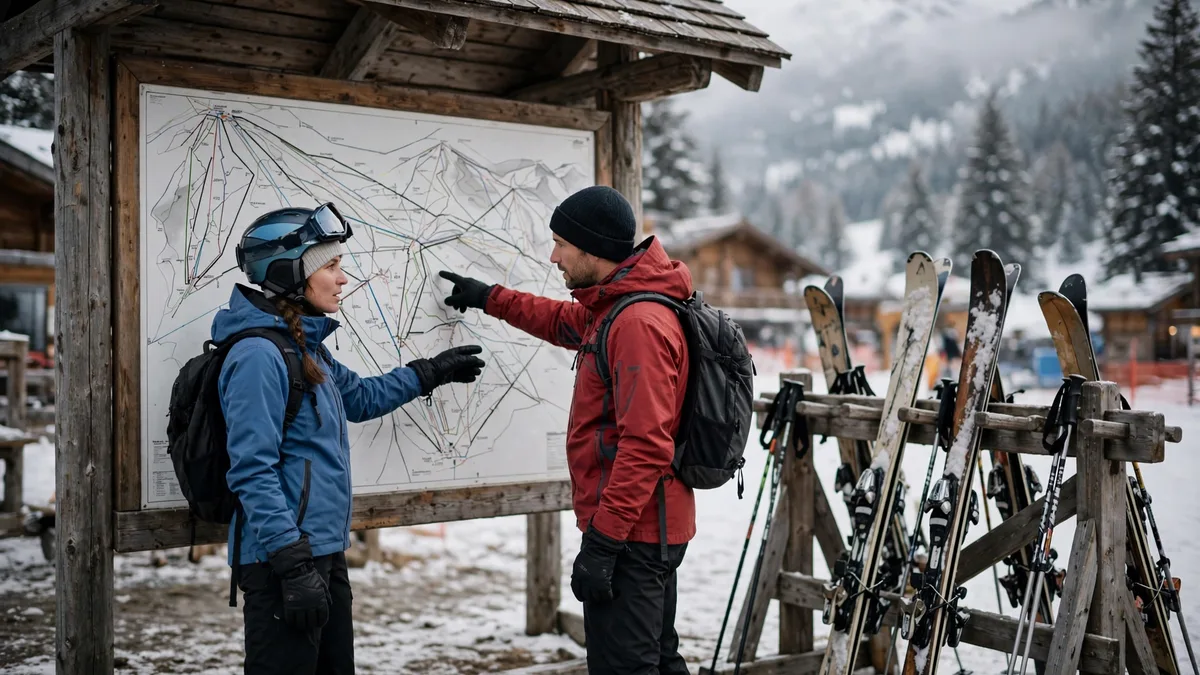 Twee skiërs bestuderen de pistekaart bij het dalstation