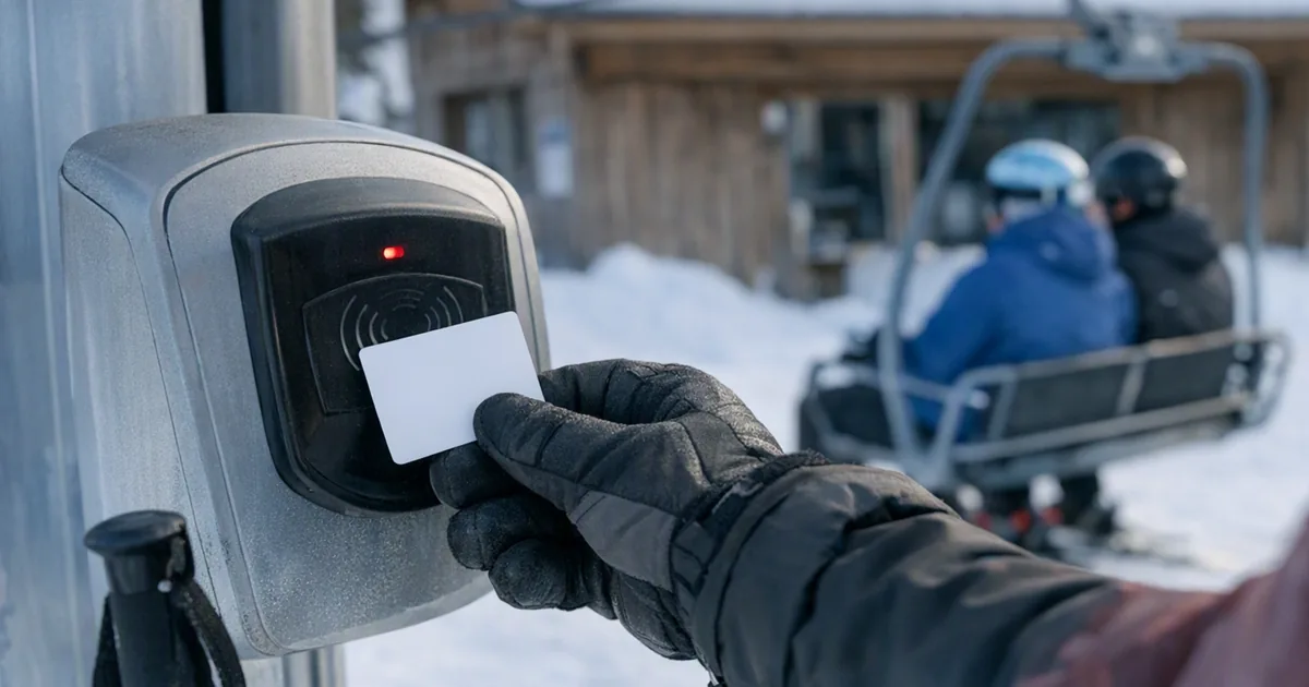 Skiër houdt een skipas tegen de poort bij een stoeltjeslift