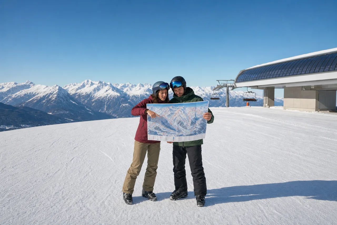 Twee skiërs lezen een pistekaart in de zon naast een liftstation in de Alpen